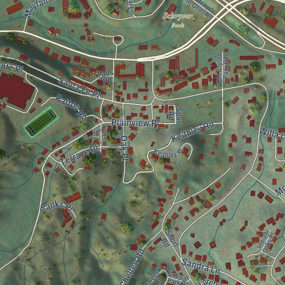 Second close-up of the map of Manitou Springs, Colorado print showing more streets and buildings