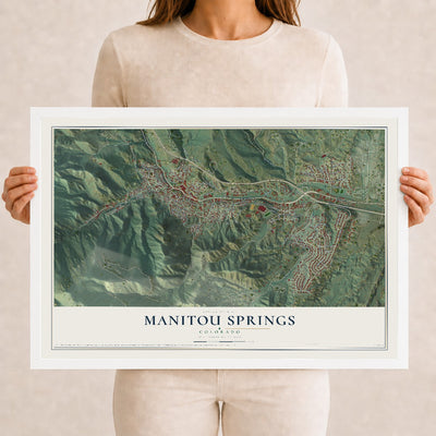 Map of Manitou Springs, Colorado, 12 x 18 inch print in a white wood frame