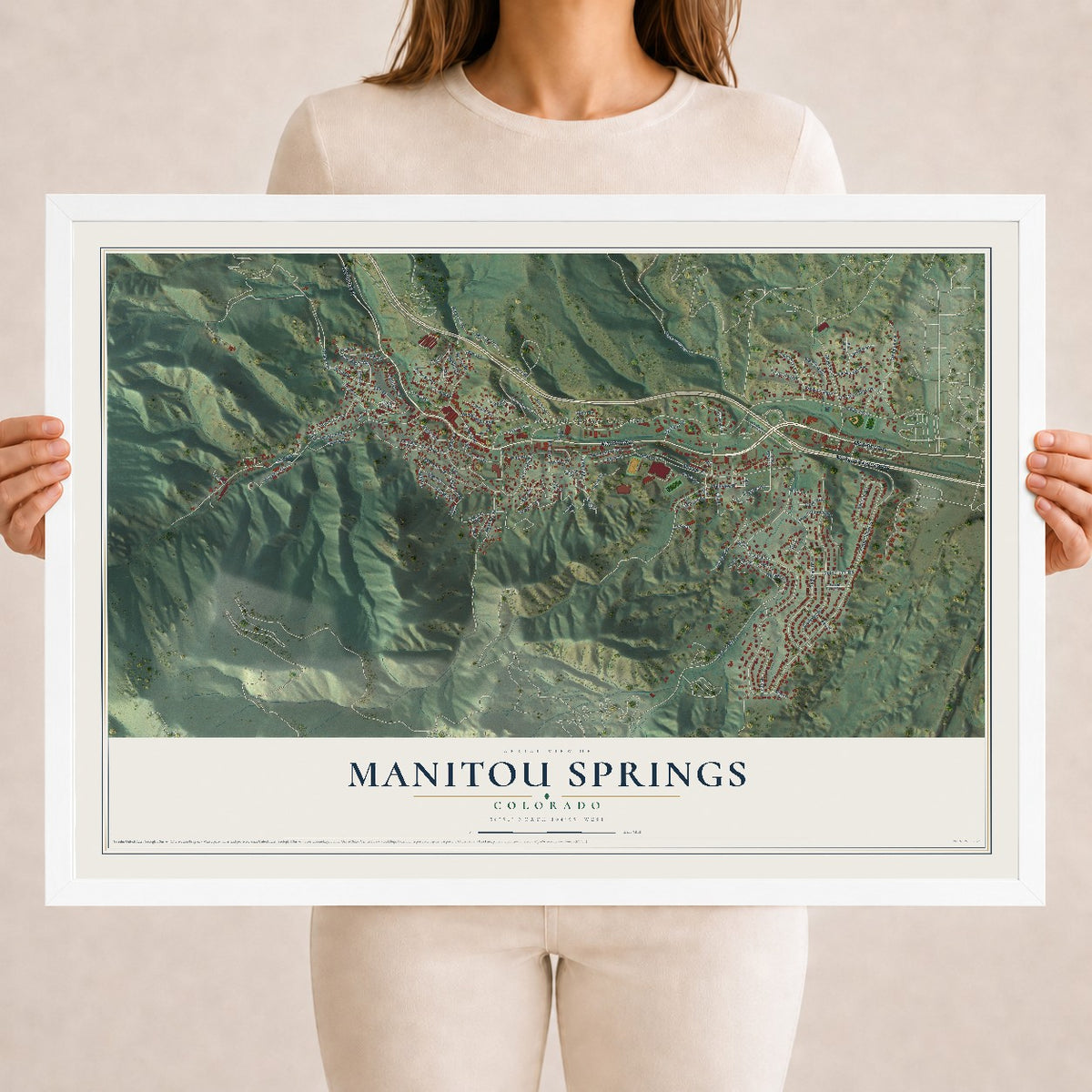 Map of Manitou Springs, Colorado, 18 x 24 inch print in a white wood frame
