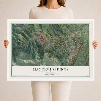 Map of Manitou Springs, Colorado, 24 x 36 inch print in a white wood frame