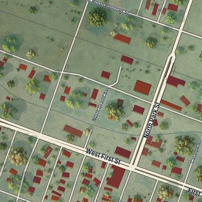 Close-up of the map of Manzanola, Colorado print showing street and building detail