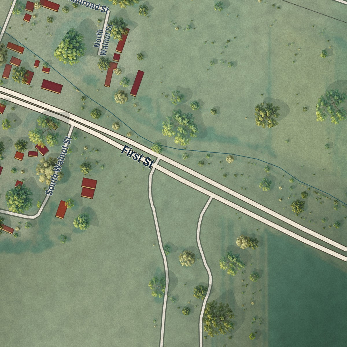 Second close-up of the map of Manzanola, Colorado print showing more streets and buildings
