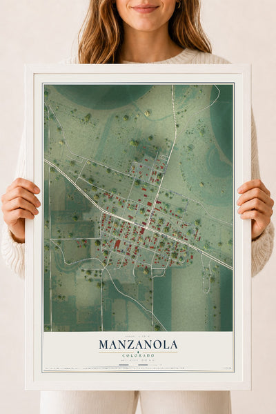 Map of Manzanola, Colorado, 18 x 24 inch print in a white wood frame