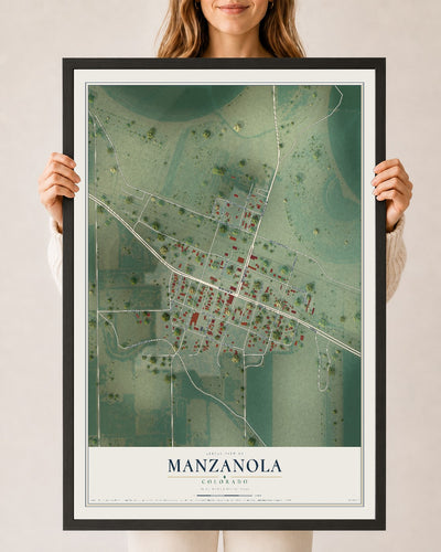 Map of Manzanola, Colorado, 24 x 36 inch print in a black wood frame