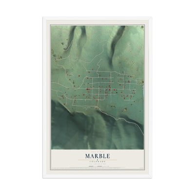 Map of Marble, Colorado, 12 x 18 inch print in a white wood frame