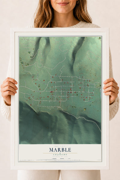 Map of Marble, Colorado, 18 x 24 inch print in a white wood frame