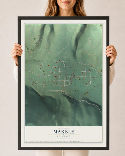 Map of Marble, Colorado, 24 x 36 inch print in a black wood frame