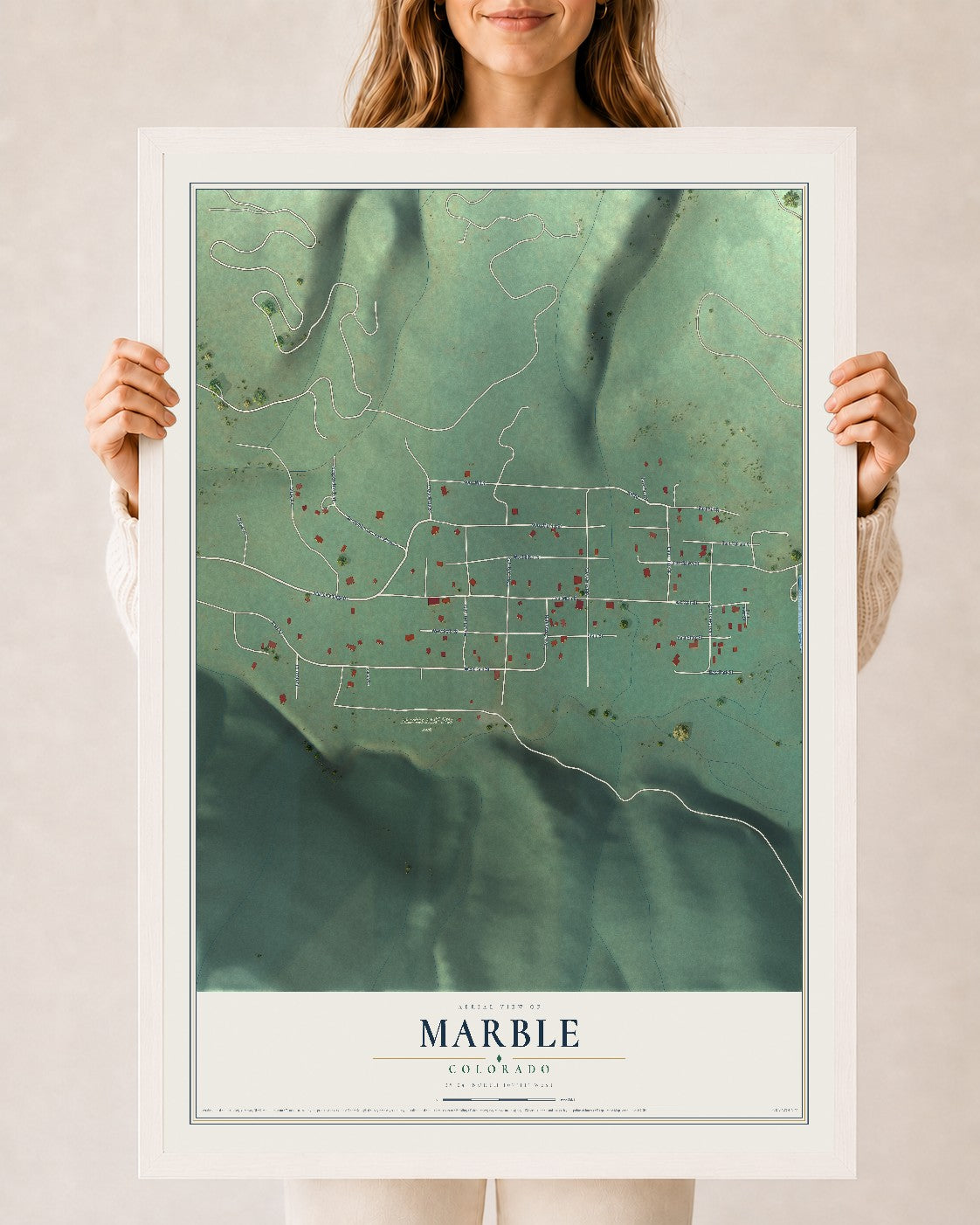 Map of Marble, Colorado, 24 x 36 inch print in a white wood frame