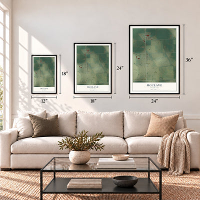 McClave, Colorado map in 12 x 18, 18 x 24 and 24 x 36 inch sizes above a sofa