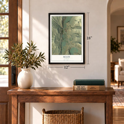 McCoy, Colorado map, 12 x 18 inch print in a black frame in an entryway