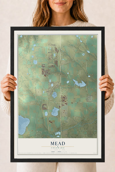 Map of Mead, Colorado, 18 x 24 inch print in a black wood frame