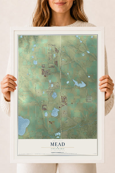 Map of Mead, Colorado, 18 x 24 inch print in a white wood frame