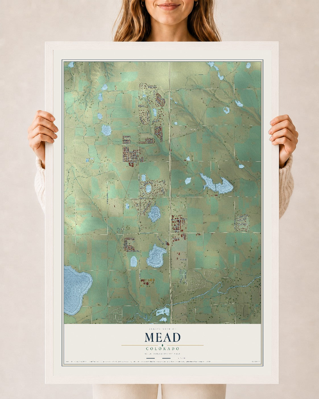 Map of Mead, Colorado, 24 x 36 inch print in a white wood frame