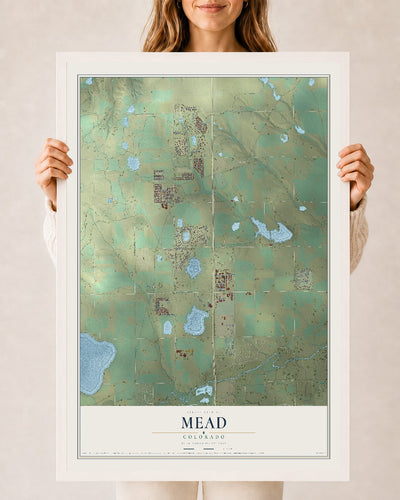 Map of Mead, Colorado, 24 x 36 inch print in a white wood frame