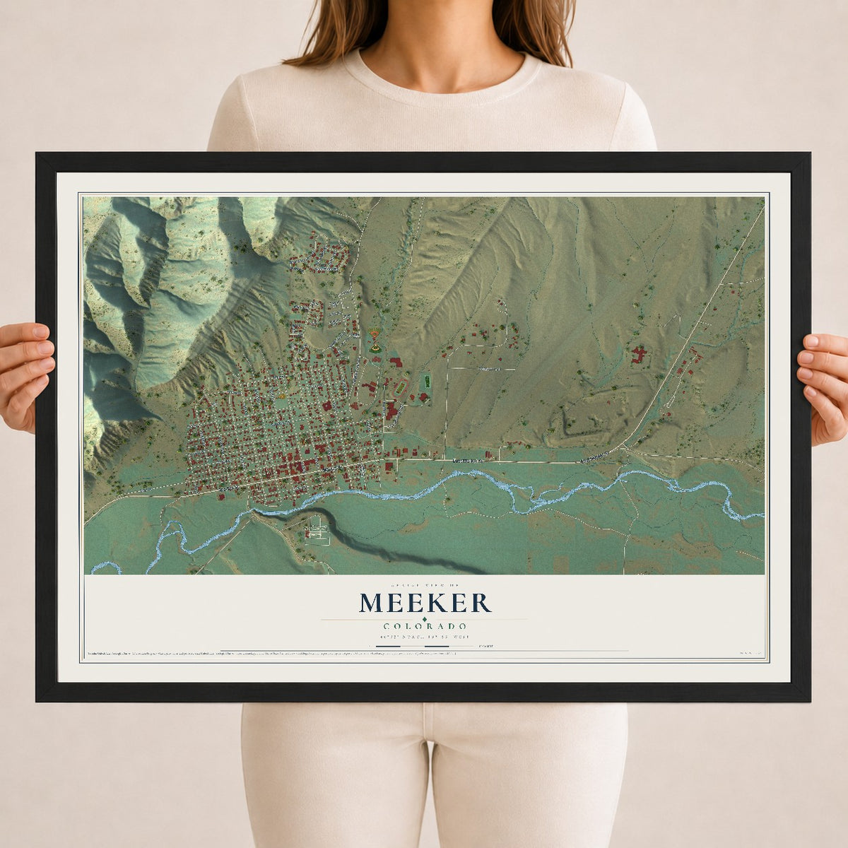 Map of Meeker, Colorado, 18 x 24 inch print in a black wood frame