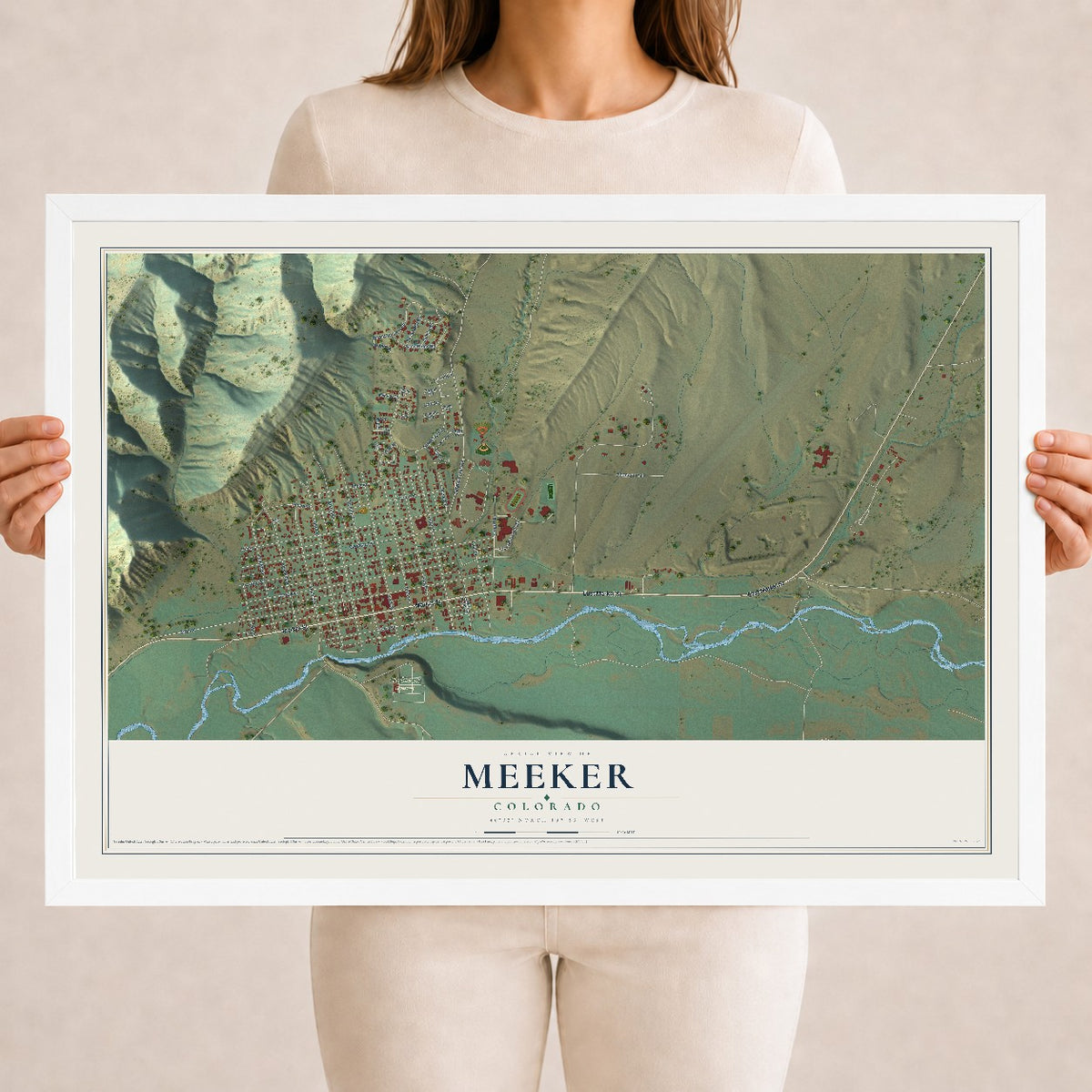 Map of Meeker, Colorado, 18 x 24 inch print in a white wood frame