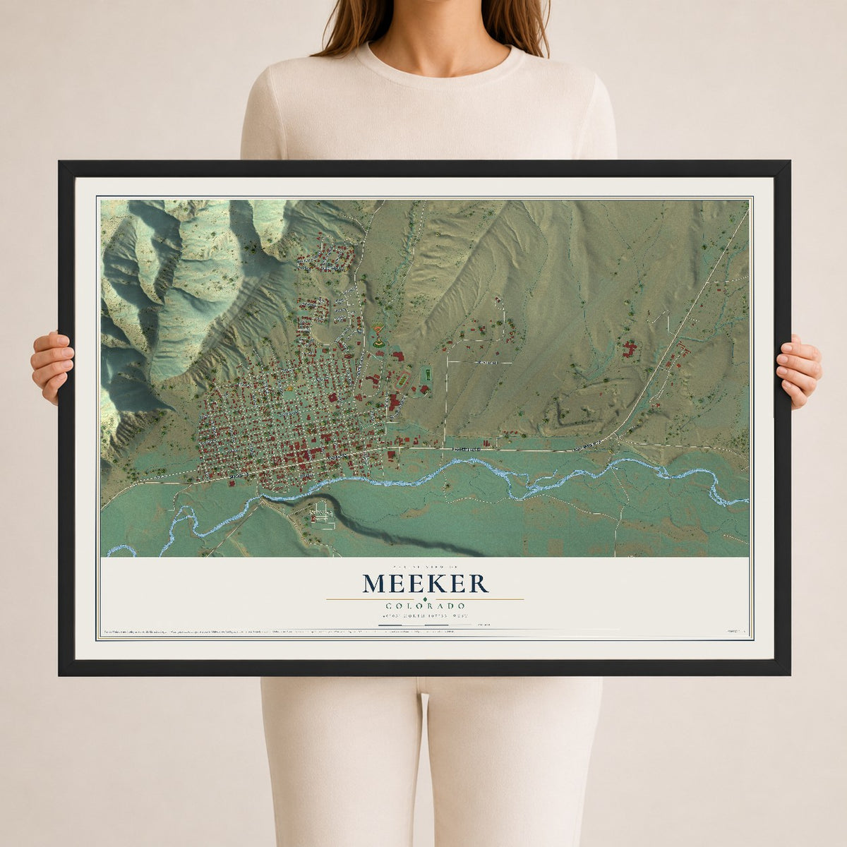 Map of Meeker, Colorado, 24 x 36 inch print in a black wood frame