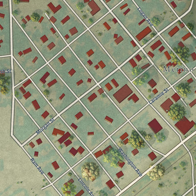 Close-up of the map of Merino, Colorado print showing street and building detail