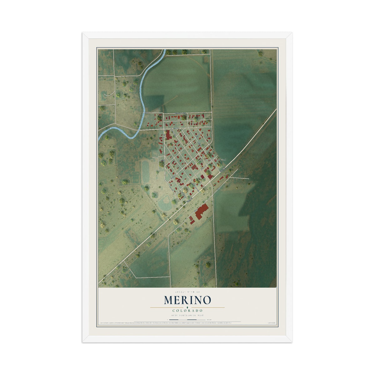 Map of Merino, Colorado, 12 x 18 inch print in a white wood frame