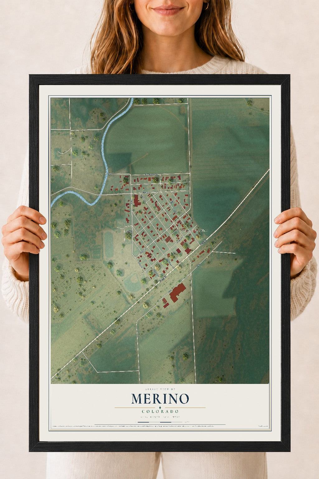 Map of Merino, Colorado, 18 x 24 inch print in a black wood frame