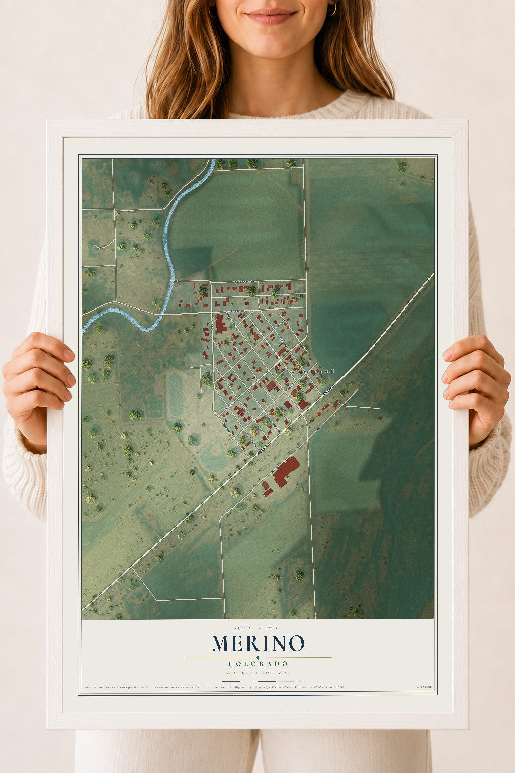 Map of Merino, Colorado, 18 x 24 inch print in a white wood frame
