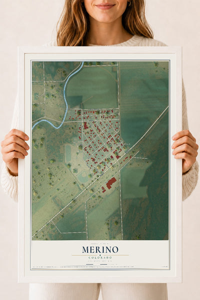 Map of Merino, Colorado, 18 x 24 inch print in a white wood frame