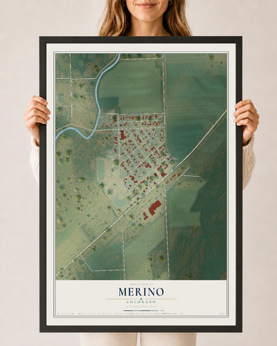 Map of Merino, Colorado, 24 x 36 inch print in a black wood frame