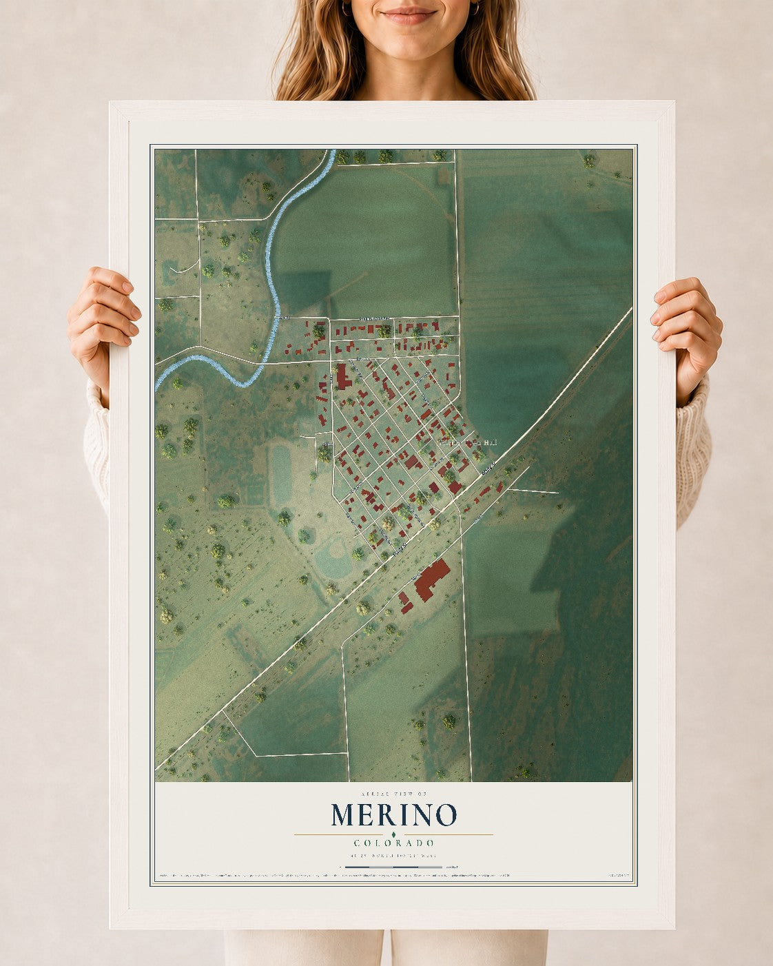 Map of Merino, Colorado, 24 x 36 inch print in a white wood frame