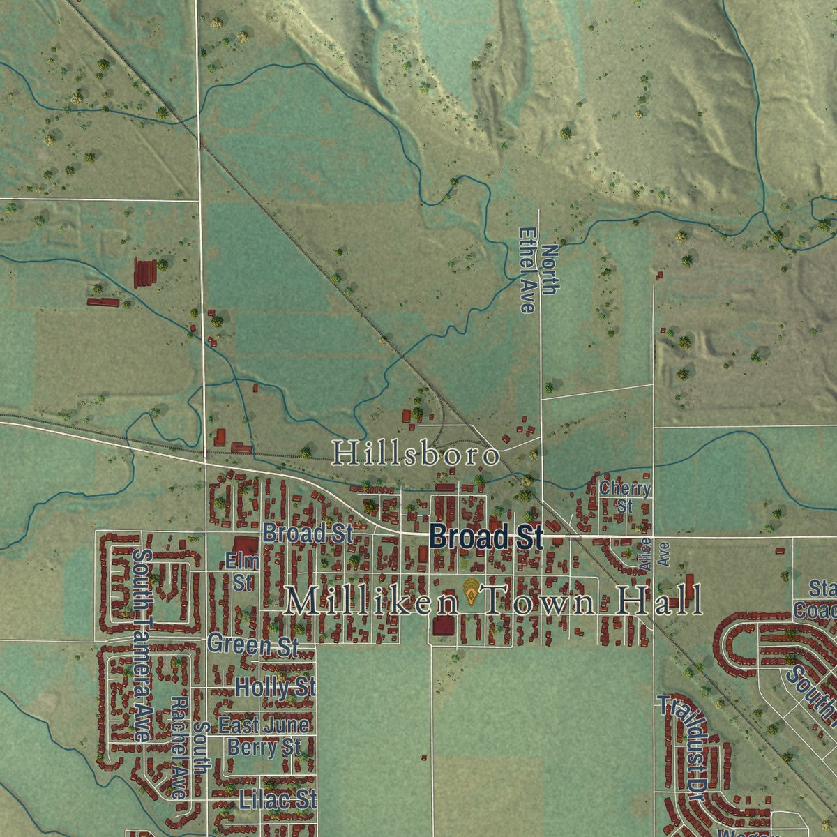 Close-up of the map of Milliken, Colorado print showing street and building detail