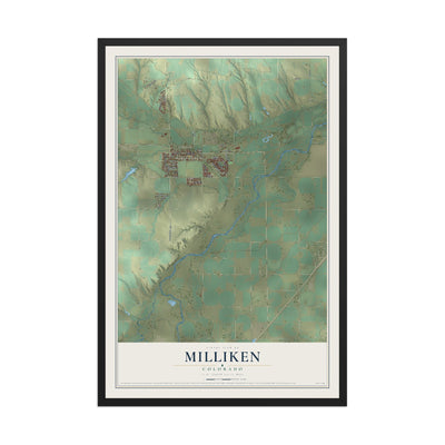 Map of Milliken, Colorado, 12 x 18 inch print in a black wood frame