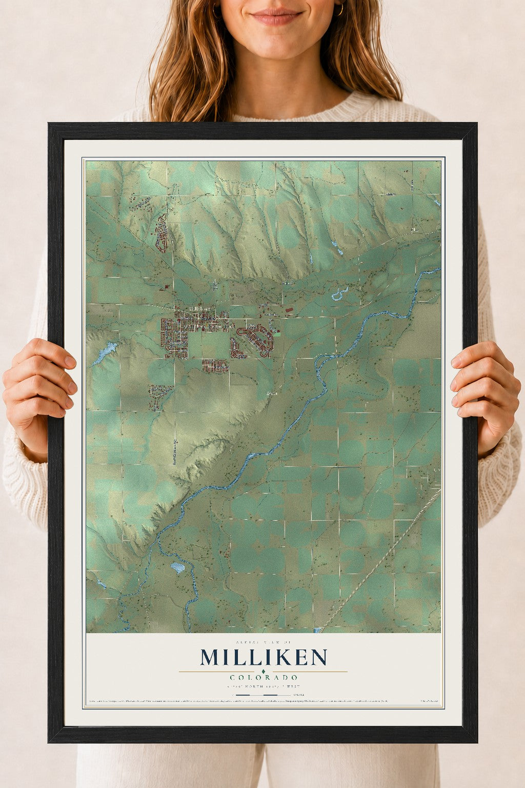 Map of Milliken, Colorado, 18 x 24 inch print in a black wood frame