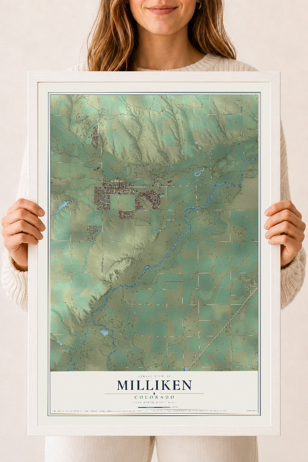 Map of Milliken, Colorado, 18 x 24 inch print in a white wood frame