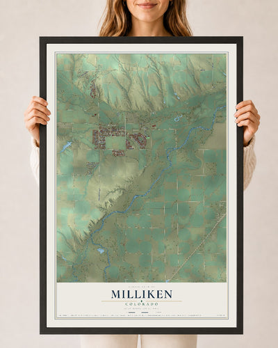 Map of Milliken, Colorado, 24 x 36 inch print in a black wood frame