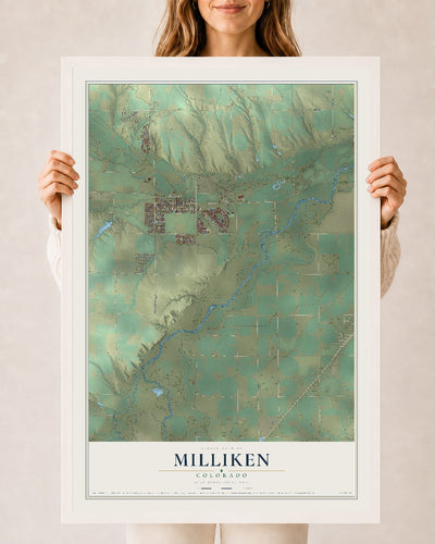 Map of Milliken, Colorado, 24 x 36 inch print in a white wood frame
