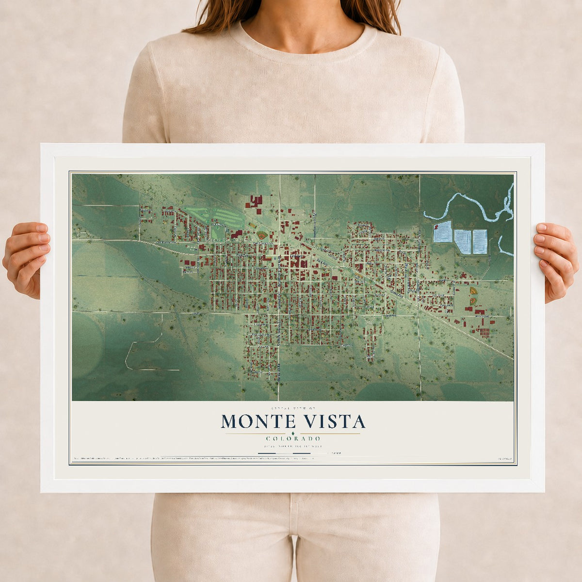 Map of Monte Vista, Colorado, 12 x 18 inch print in a white wood frame