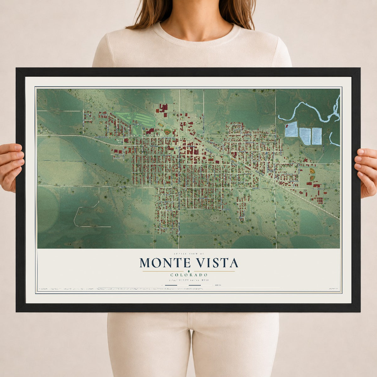 Map of Monte Vista, Colorado, 18 x 24 inch print in a black wood frame