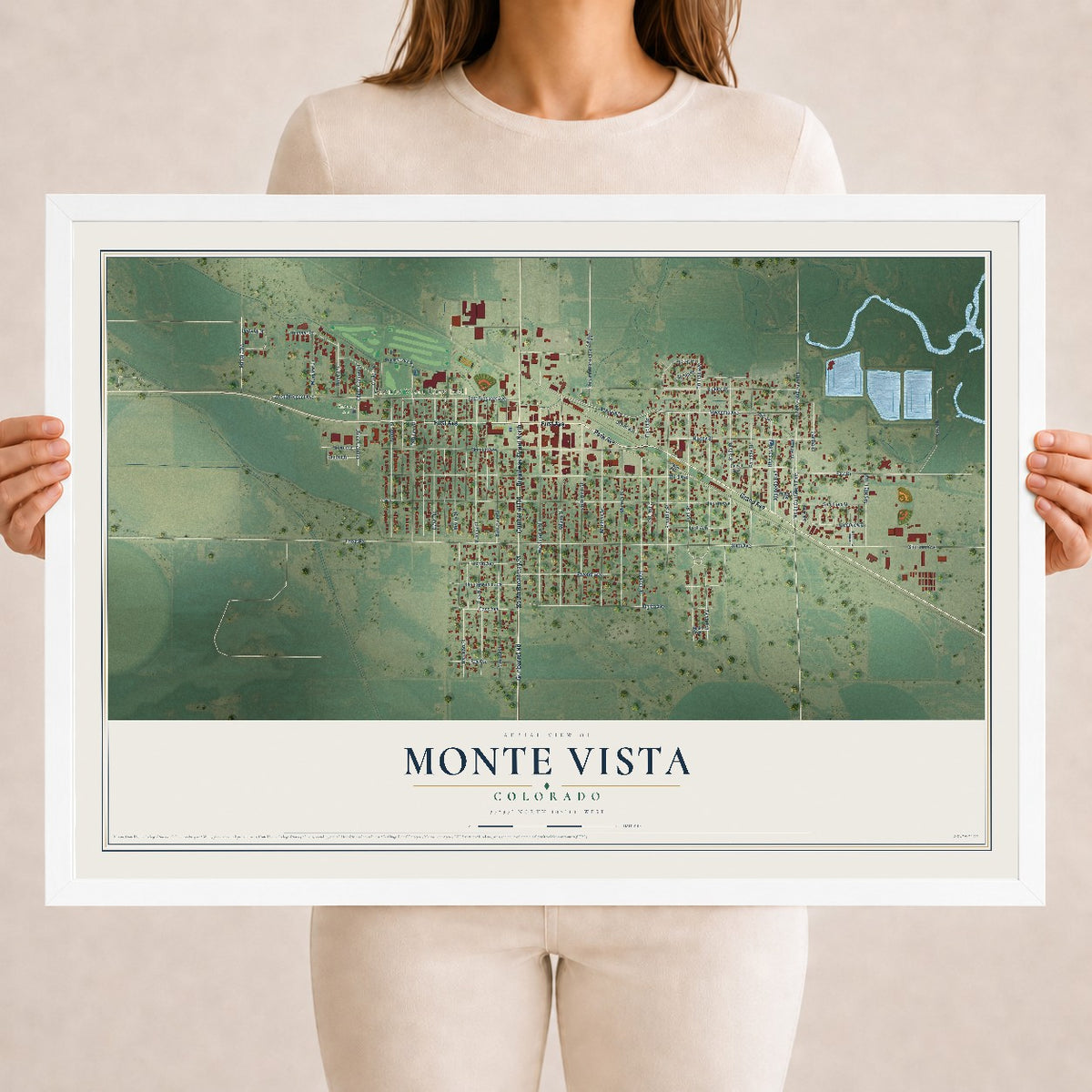 Map of Monte Vista, Colorado, 18 x 24 inch print in a white wood frame