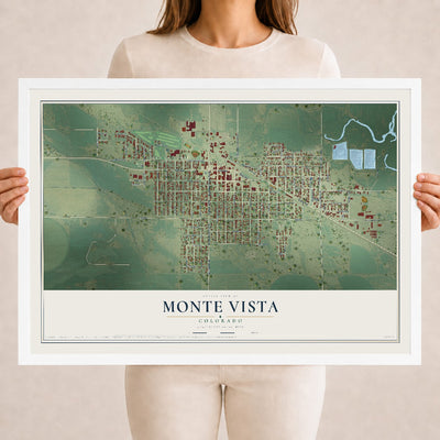 Map of Monte Vista, Colorado, 18 x 24 inch print in a white wood frame