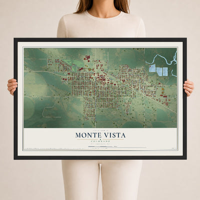 Map of Monte Vista, Colorado, 24 x 36 inch print in a black wood frame