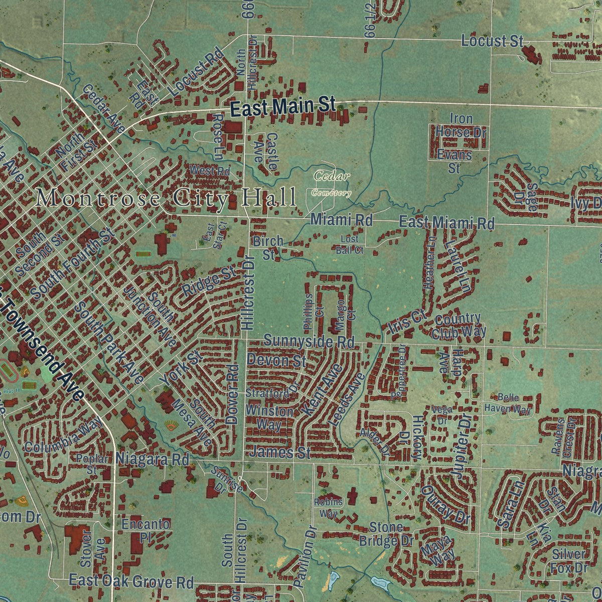 Second close-up of the map of Montrose, Colorado print showing more streets and buildings