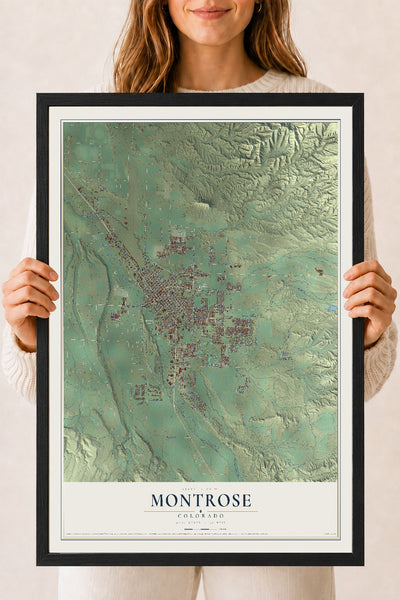 Map of Montrose, Colorado, 18 x 24 inch print in a black wood frame