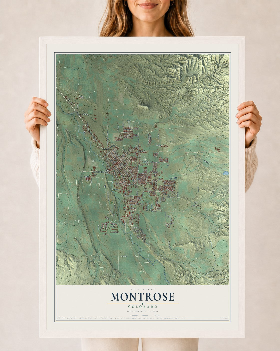 Map of Montrose, Colorado, 24 x 36 inch print in a white wood frame