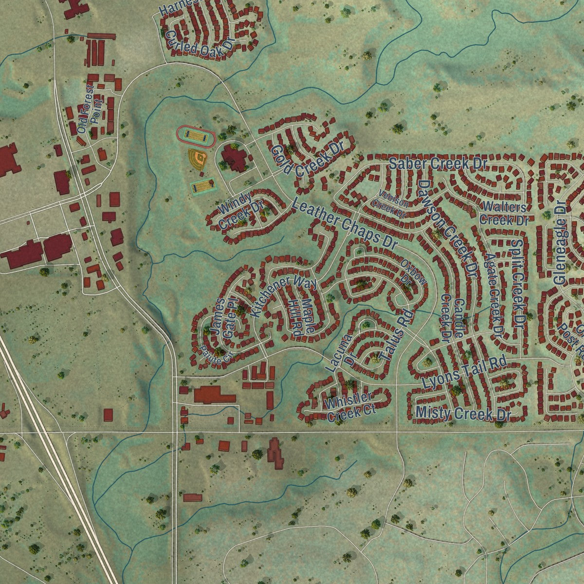 Close-up of the map of Monument, Colorado print showing street and building detail