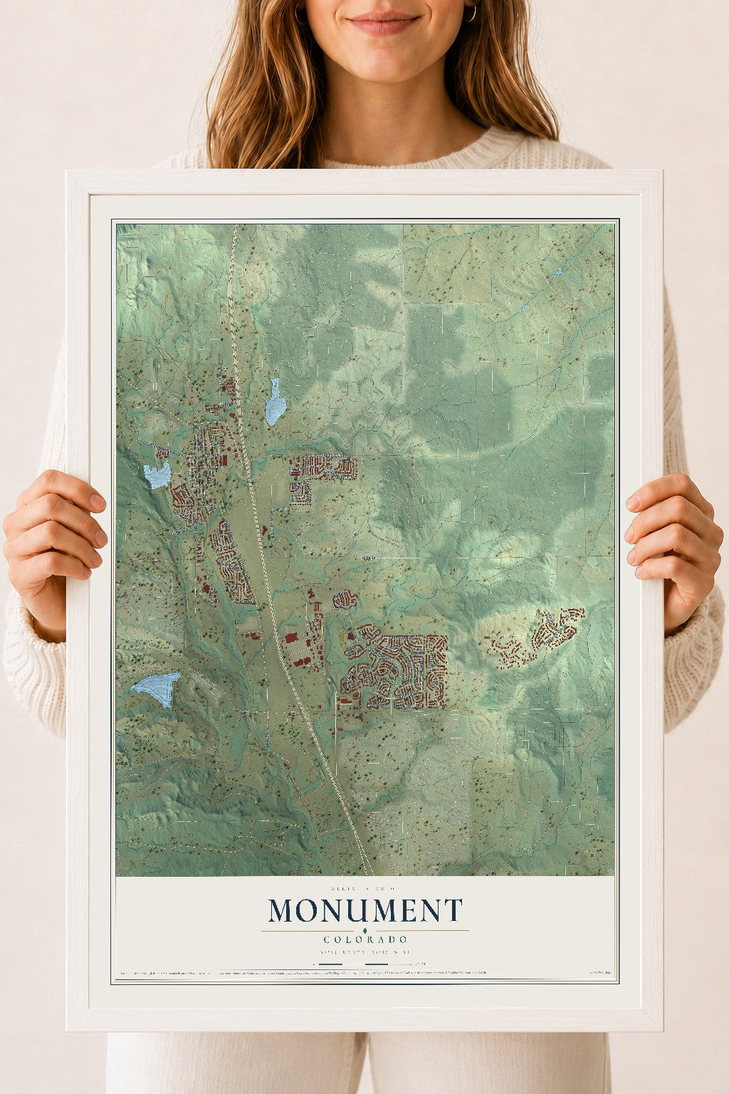 Map of Monument, Colorado, 18 x 24 inch print in a white wood frame