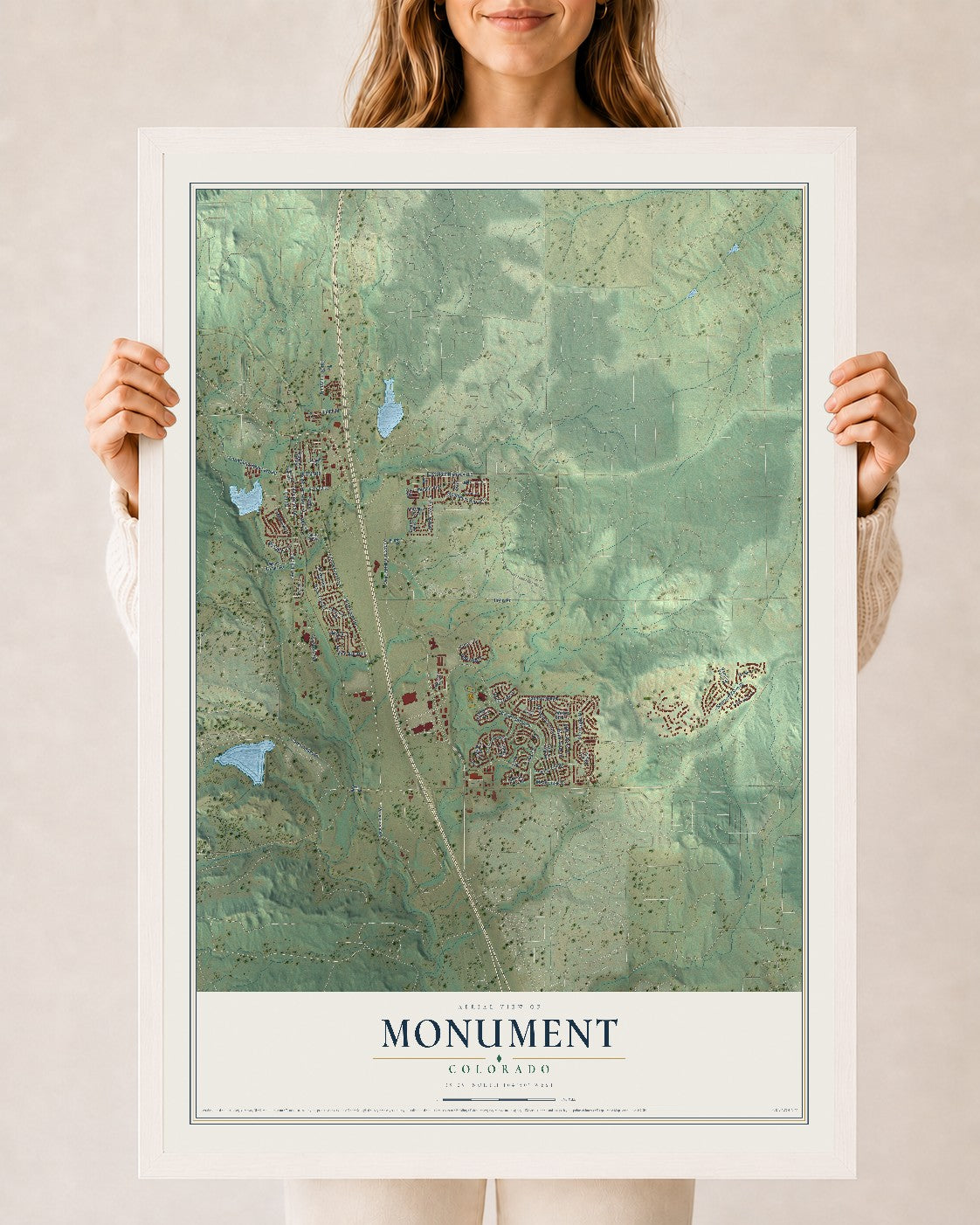 Map of Monument, Colorado, 24 x 36 inch print in a white wood frame