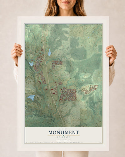 Map of Monument, Colorado, 24 x 36 inch print in a white wood frame