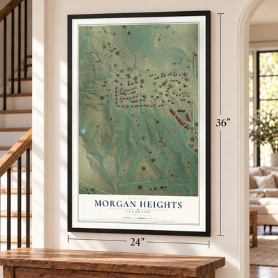 Morgan Heights, Colorado map, 24 x 36 inch print in a black frame by a staircase