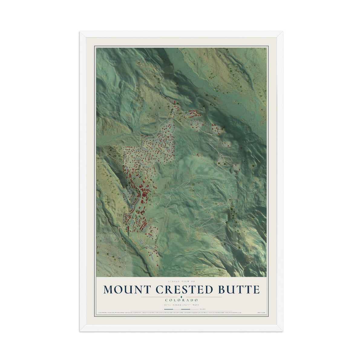 Map of Mount Crested Butte, Colorado, 12 x 18 inch print in a white wood frame