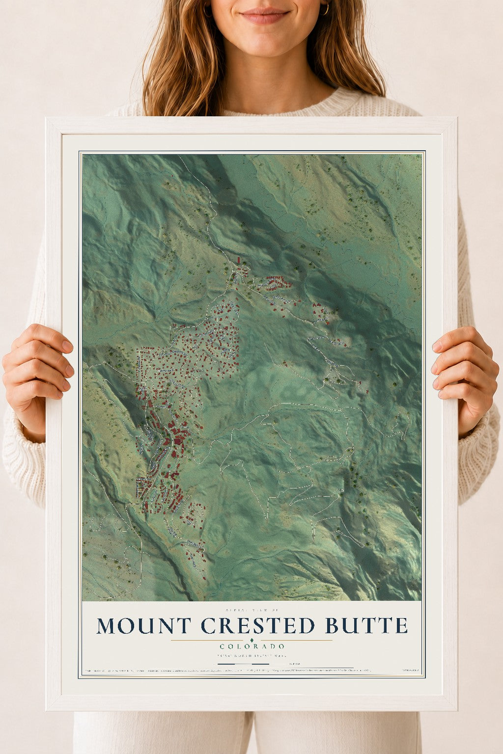 Map of Mount Crested Butte, Colorado, 18 x 24 inch print in a white wood frame