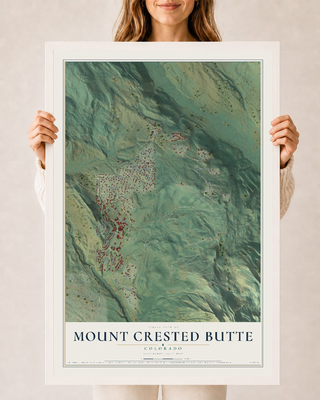 Map of Mount Crested Butte, Colorado, 24 x 36 inch print in a white wood frame